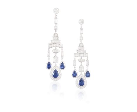 A FINE PAIR OF SAPPHIRE AND DIAMOND PENDENT EARRINGSEach of chandelier design, set throughout with round, princess and baguet