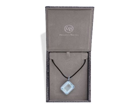 AN AQUAMARINE AND DIAMOND PENDANT ON CORD, BY MARGHERITA BURGENERThe rectangular-cut aquamarine weighing 34.68cts, within a r