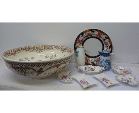 A large wash bowl, six Royal Crown Derby pin dishes including Derby Posies, a Staffordshire plate, a Minton jug and a vase