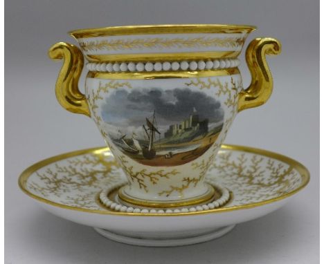 A Flight, Barr & Barr, Royal Worcester Works two handled pot with stand depicting Bamburgh Castle, Northumberland, height 9.5