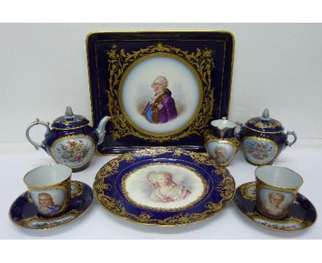 A late 19th Century six piece t&ecirc;te-&agrave;-t&ecirc;te tea service by Sevres decorated with portraits, marked Chateau d