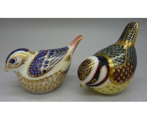 Two Royal Crown Derby bird paperweights, blue tit and gold crest