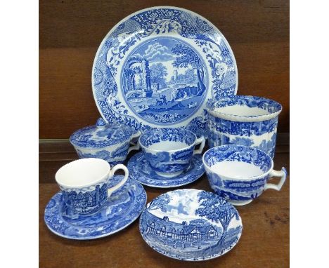 Spode Italian pattern blue and white china including a cake plate, and one other blue and white cup and saucer