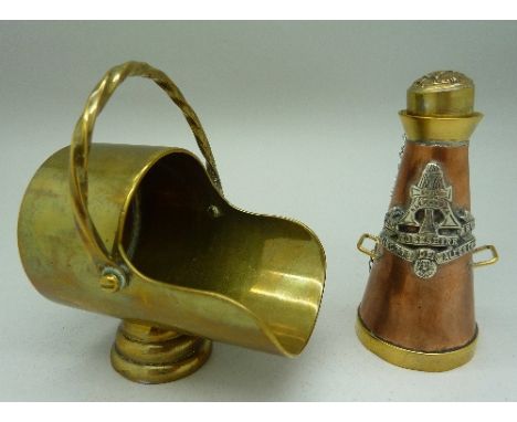 A trench art lighter and a small brass coal scuttle