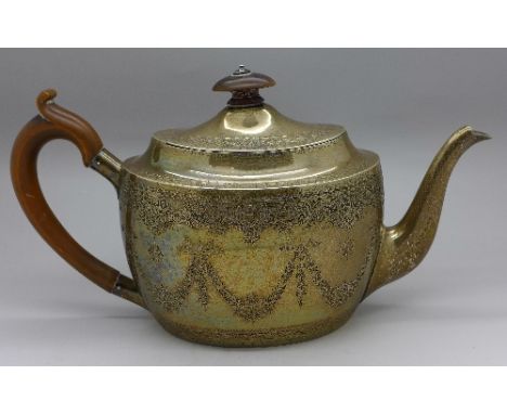 A Victorian silver teapot, London 1882 by Aldwinckle & Slater, base bears inscription dated 1994, weight 415.7g