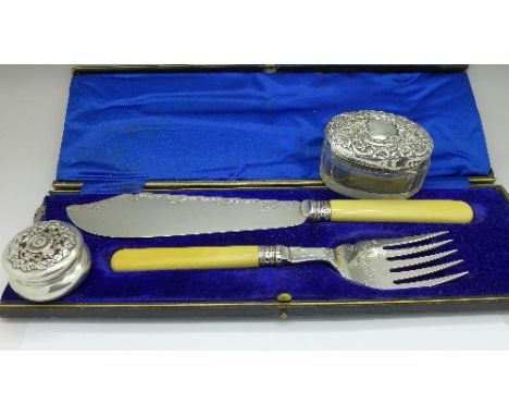 A Royal Automobile Club silver pot by Elkington, Birmingham 1911, a silver lidded pot and a cased set of fish servers with si