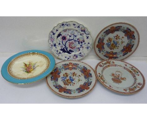 A Royal Worcester hand painted footed dish, three Chinese plates and a Staffordshire plate, a/f