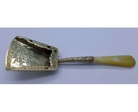 A Victorian silver tea caddy spoon with mother of pearl handle, Birmingham 1896