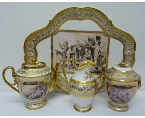 A continental three piece tea service, a/f, and a tray with French village fayre scene