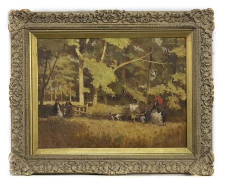 BRITISH SCHOOL, PORTRAIT SITTING oil on board image size 30cm x 40cm, overall size 44cm x 54cm Framed.