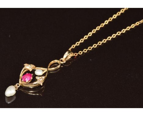 Art Nouveau 9ct gold&nbsp;pendant set with a pink sapphire, seed pearls and a baroque pearl, on 9k gold chain, 1.9g, 3.1cm