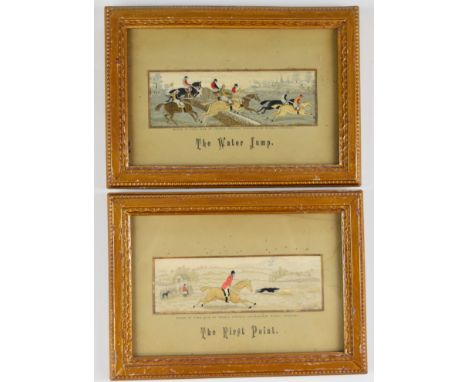 Two Thomas Stevens Stevengraph hunting themed silk pictures titled The First Point and The Water Jump, both framed, 18.5 x 12