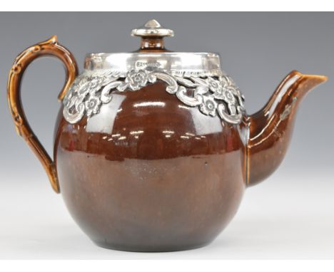 Edward VII hallmarked silver mounted ceramic teapot, the floral mount Birmingham 1905, maker&nbsp;Henry Bourne, length 16.5cm