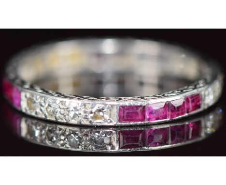 Art Deco platinum eternity ring set with calibre cut rubies and round cut diamonds, 2.8g, size Q