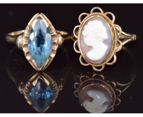 A 9ct gold ring set with a cameo and a 9ct gold ring set with paste, 7g,&nbsp;sizes N &amp; P