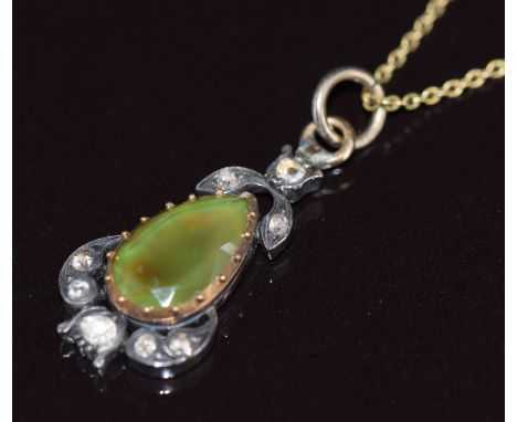 Georgian gold pendant set with nephrite jade and rose cut diamonds in a foiled setting, on 9ct gold chain, 2.5cm