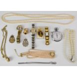 A collection of costume jewellery including Gucci pendant watch, Rocar stopwatch, silver Jubilee