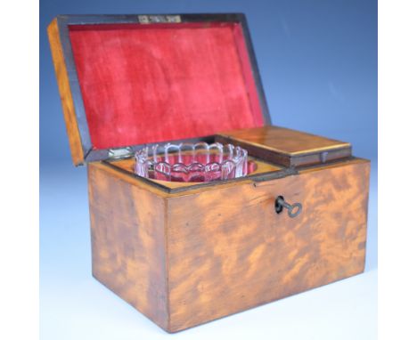 19th century probably Georgian satinwood tea caddy with mixing bowl and suspension loop handle, W21.5 x D14 x H14cm