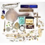 A collection of jewellery including six fox buttons, Stratton tie clips, silver pocket watch, silver