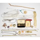 Costume jewellery including Sarah Coventry brooch, diamanté necklaces, cameo earrings and pendant,