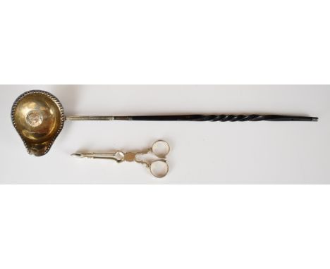 George II coin based silver whalebone handled toddy ladle, length 37cm, together with a pair of Georgian hallmarked silver su