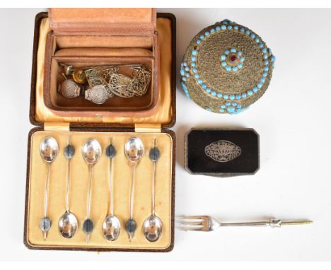Cased set of hallmarked silver coffee bean spoons, hallmarked silver pickle fork, silver plated and black enamel box, filigre