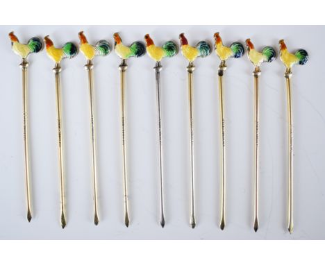Nine silver and enamel novelty cocktail sticks with cockerel finials, marked sterling silver, length 8cm, weight 27g