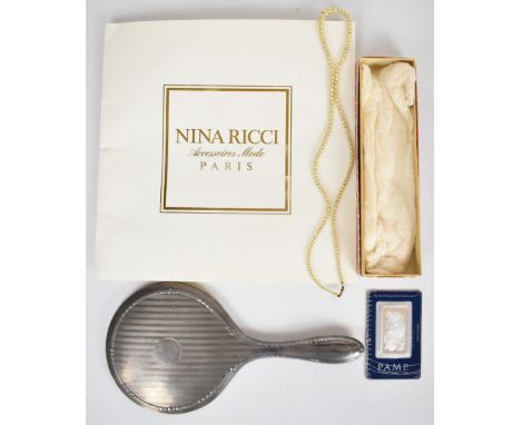 Hallmarked silver mirror, Nina Ricci scarf and a Suisse 1 ounce fine silver ingot in sealed card&nbsp;