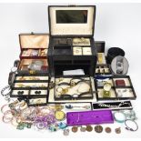A collection of costume jewellery including two Swarovski brooches, two silver rings, Citizen Eco-