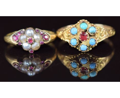 Victorian 9ct gold ring set with paste and faux turquoise and another Victorian ring set with split pearls and rubies, 3.2g, 