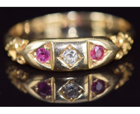 Victorian 18ct gold ring set with an old cut diamond and two rubies, Chester 1892, 3.1g, size R