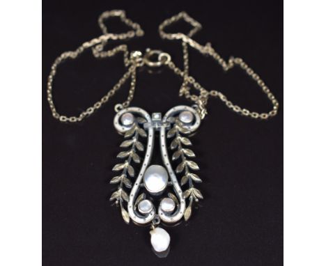 Austro Hungarian silver gilt necklace set with white enamel and pearls, 10.6g