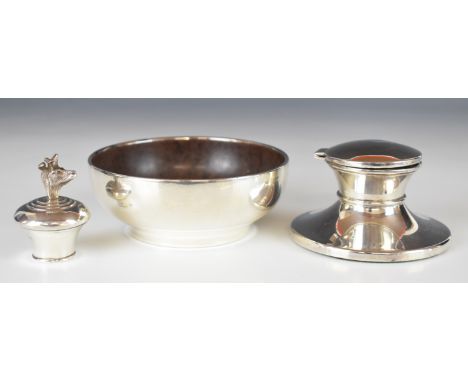 Elizabeth II hallmarked silver capstan inkwell, Birmingham 1993, maker&nbsp;Ray Hall, hallmarked silver mounted Art Deco Bake