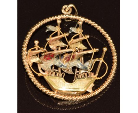 A yellow metal bi-coloured pendant in the form of a Portuguese carrack, with enamel decoration, marked 800, 12g, 3.8cm