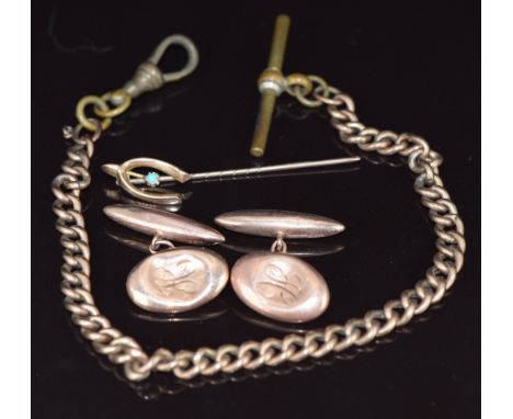A 9ct gold fob chain (5.5g), pair of 9ct rose gold cufflinks (3.3g), and a 9ct gold stick pin in the form of a wishbone set w