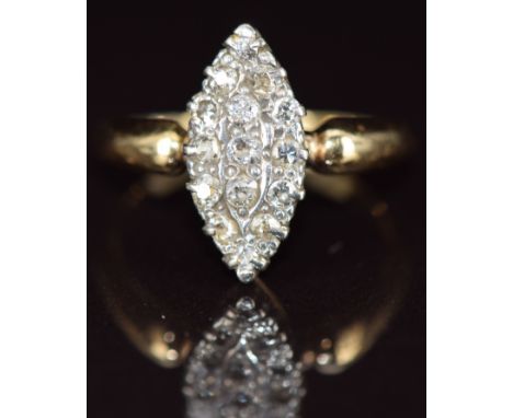 A c1900 18ct gold ring set with old cut diamonds in marquise setting, 4g, size L