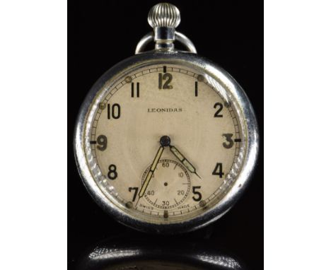 Leonidas military pocket watch with with subsidiary seconds dial, luminous blued hands, Arabic numerals, silver dial, nickel 