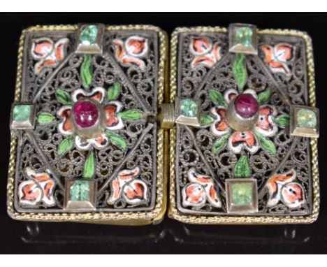 Indian silver gilt&nbsp;filigree buckle set with enamel, rubies and emeralds, 5 x 3.4cm