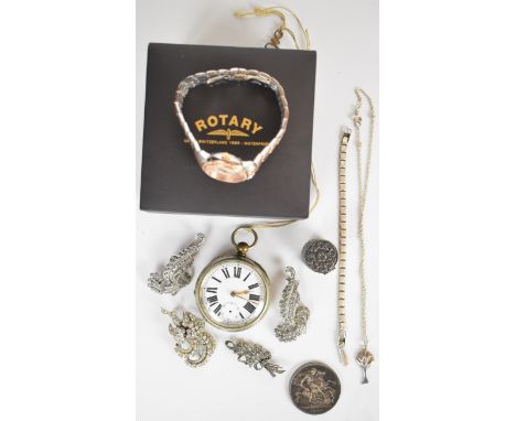 A collection of jewellery including Victorian 1900 crown, silver pot, Rotary wristwatch, silver pendant and chain, and brooch