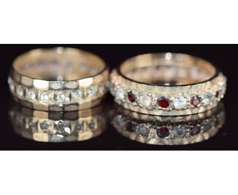 Two 9ct gold eternity rings, one set with garnets and quartz and the other spinel, 5.8g, sizes K &amp; L