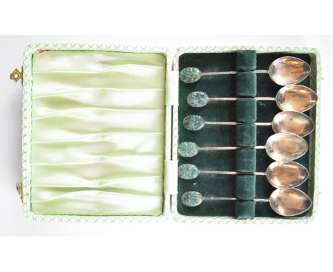 Cased set of six Chinese or Kong Kong silver and hardstone, jade or similar teaspoons, marked HK sterling, length 10.5cm, wei