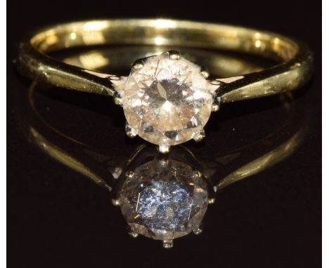 An 18ct gold ring set with a round cut diamond of approximately 0.85ct, 3g, size Q &nbsp; &nbsp;&nbsp;