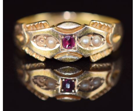Victorian 15ct gold ring set with a spinel and pearls (one missing), Chester 1895, 2.3g, size P