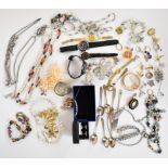 A collection of jewellery including rolled gold bangle, filigree bracelet, silver necklace, silver