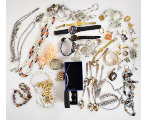 A collection of jewellery including rolled gold bangle, filigree bracelet, silver necklace, silver bracelets, two silver ring
