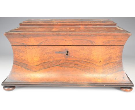 Victorian rosewood sarcophagus shaped two division tea caddy with space for a mixing bowl, raised on bun feet, W37 x D21 x H2