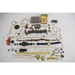 A collection of jewellery including two strands of faux pearls with 9ct gold clasps, Cyma watch,