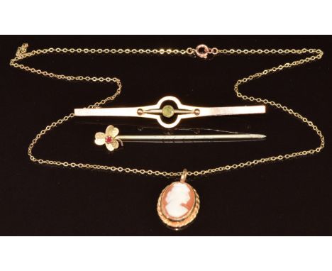 A 9ct gold pendant set with a cameo, on 9ct gold chain (2.7g), 9ct gold bar brooch and stick pin