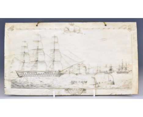 19th century signed and titled scrimshaw panel of ships in harbour with windmill on the hill beyond, titled 'HMS Asia enterin