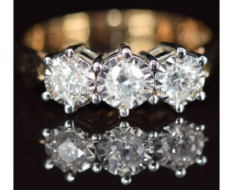 A 9ct gold ring set with three diamonds, each approximately 0.16ct, 3.9g, size N